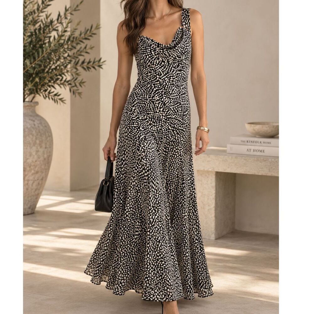 J.Crew Collection Sample Spot Print Chiffon Maxi Dress 2 Asymmetrical Cowlneck
